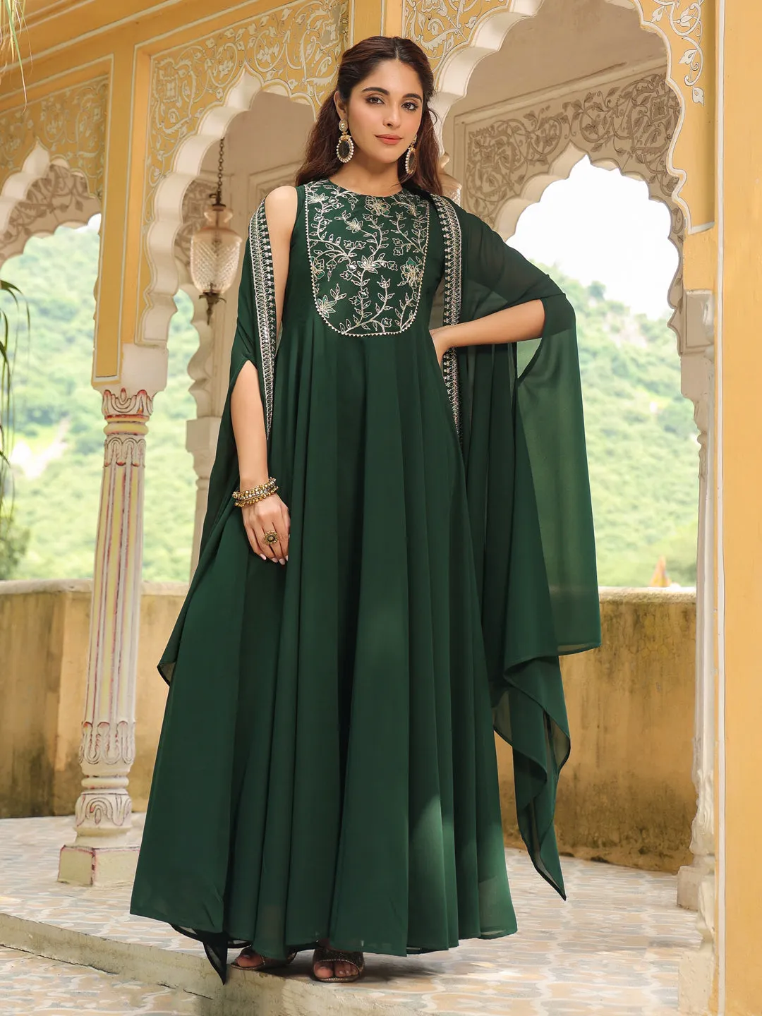 Dark Green Georgette Embroidered Anarkali Dress With Cape