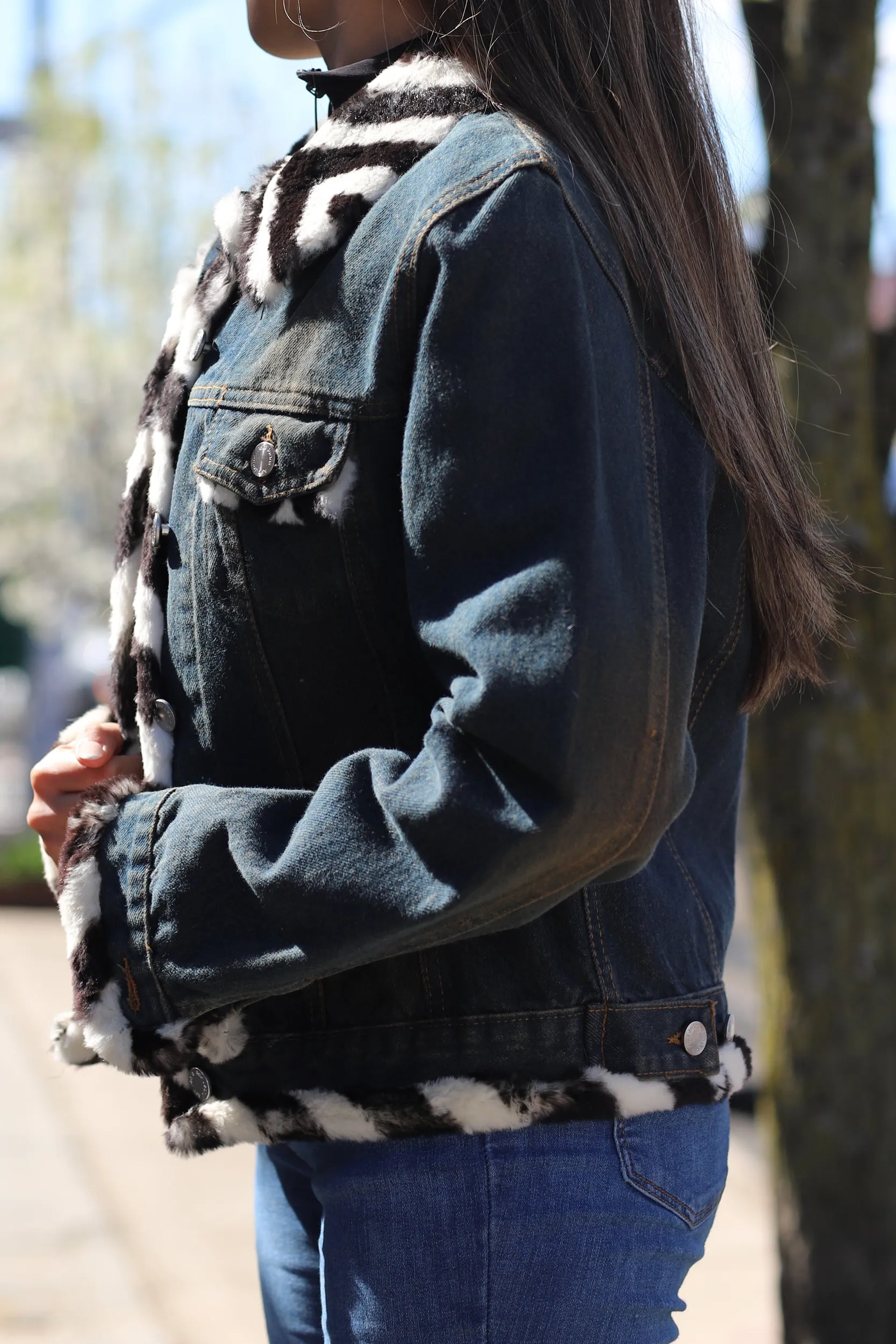 Denim Jacket with Black/White Fur Trim - Natural