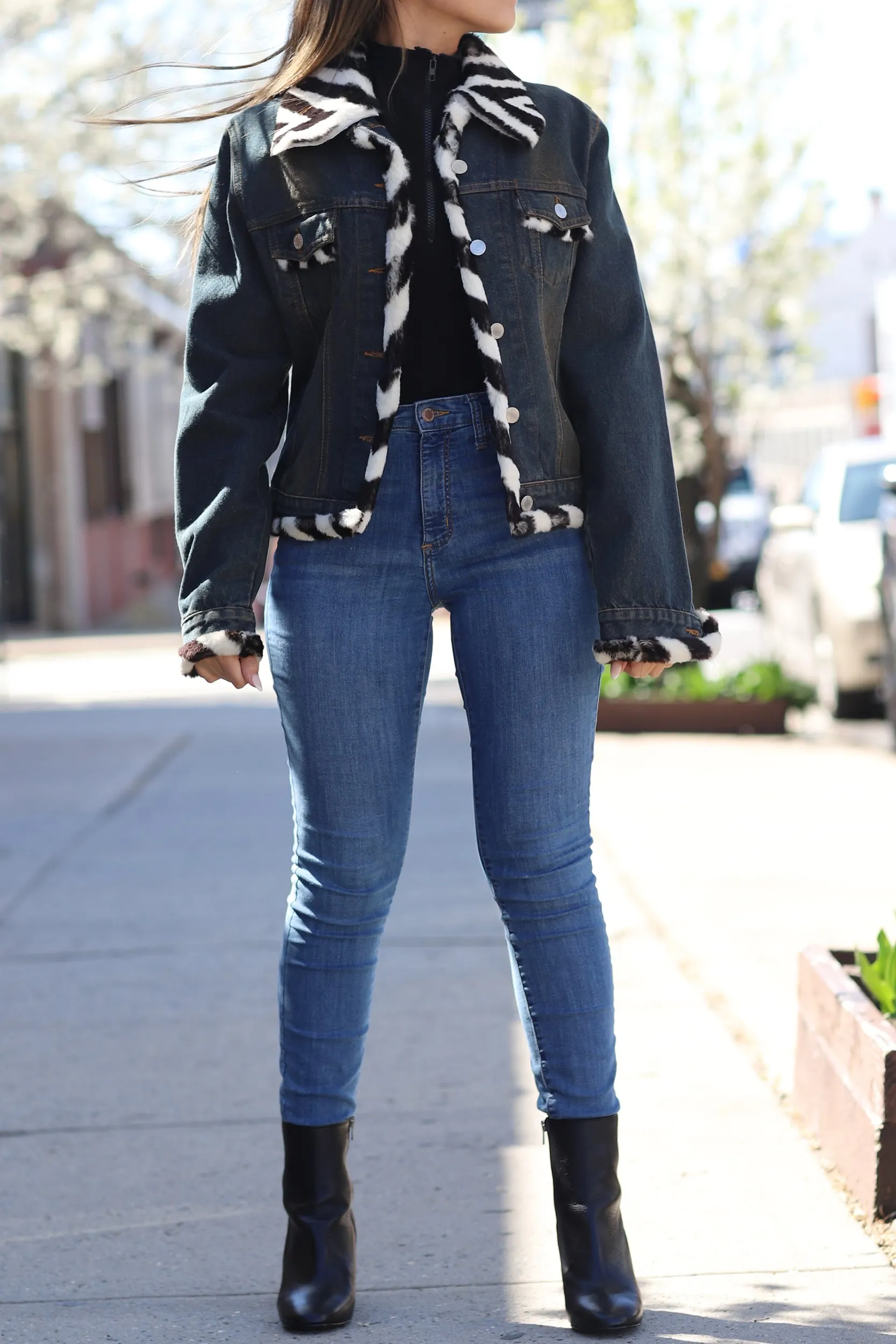 Denim Jacket with Black/White Fur Trim - Natural