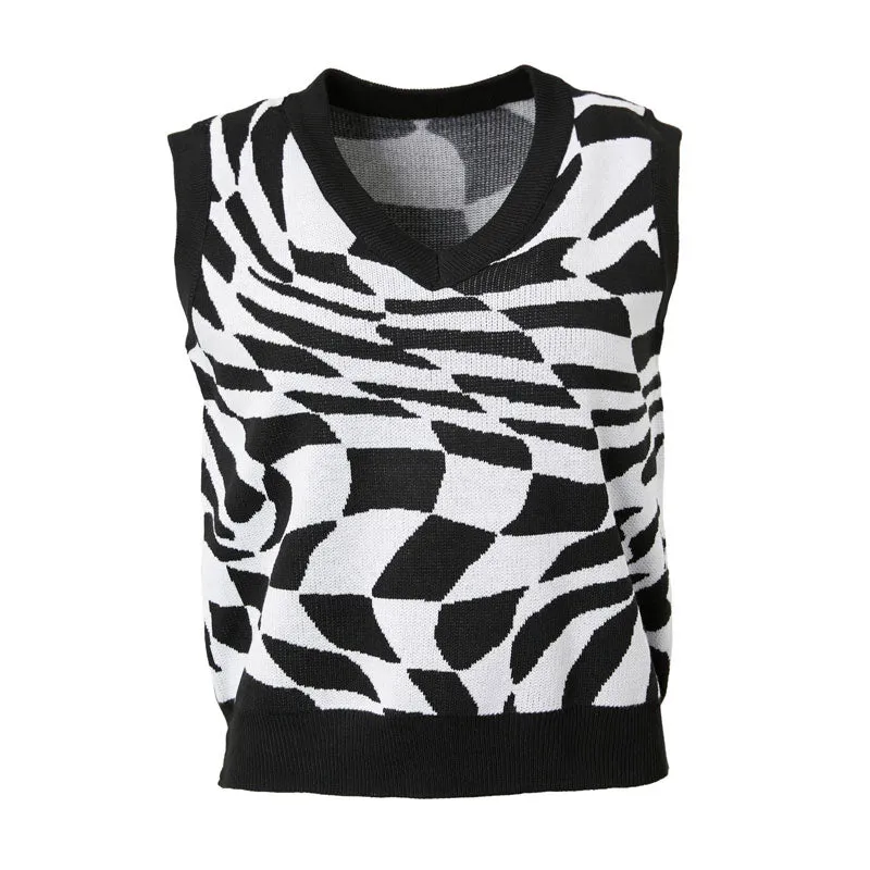 Edgy Contrast Black and White Checkered Print V Neck Swirl Sweater Vest