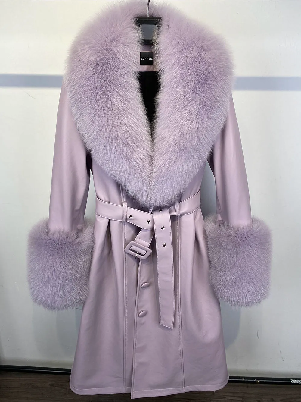 Faux Fur Genuine Leather Coat in Lavender