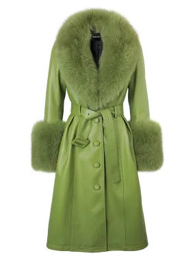 Faux Fur Genuine Leather Coat In Lime Green