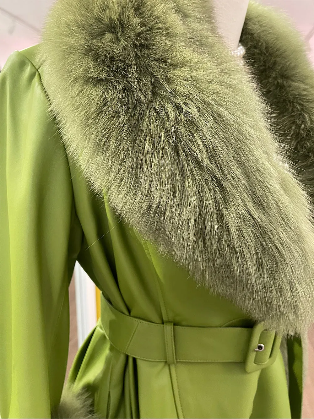 Faux Fur Genuine Leather Coat In Lime Green