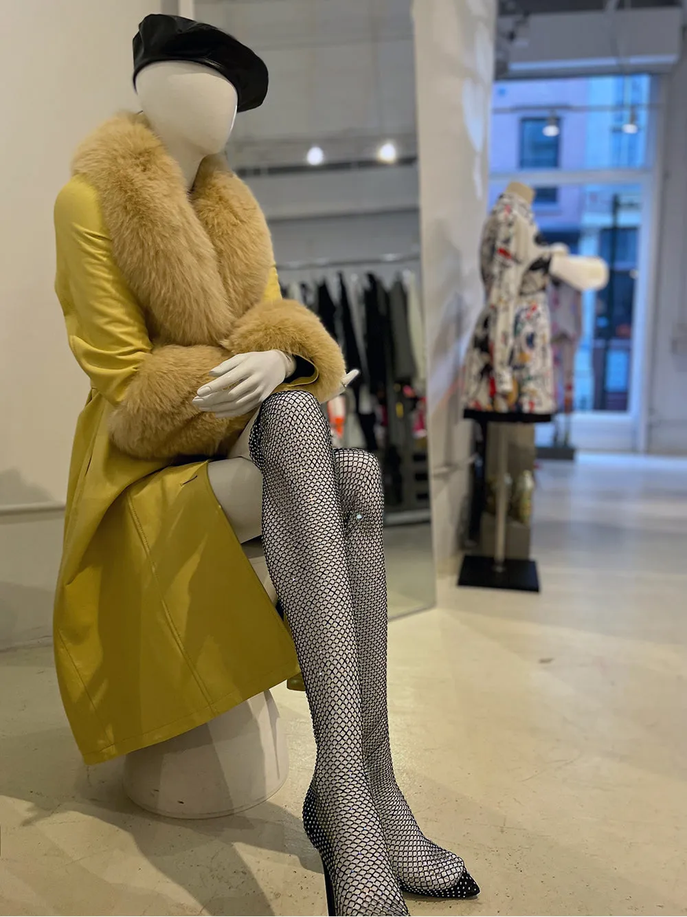 Faux Fur Genuine Leather Coat in Yellow