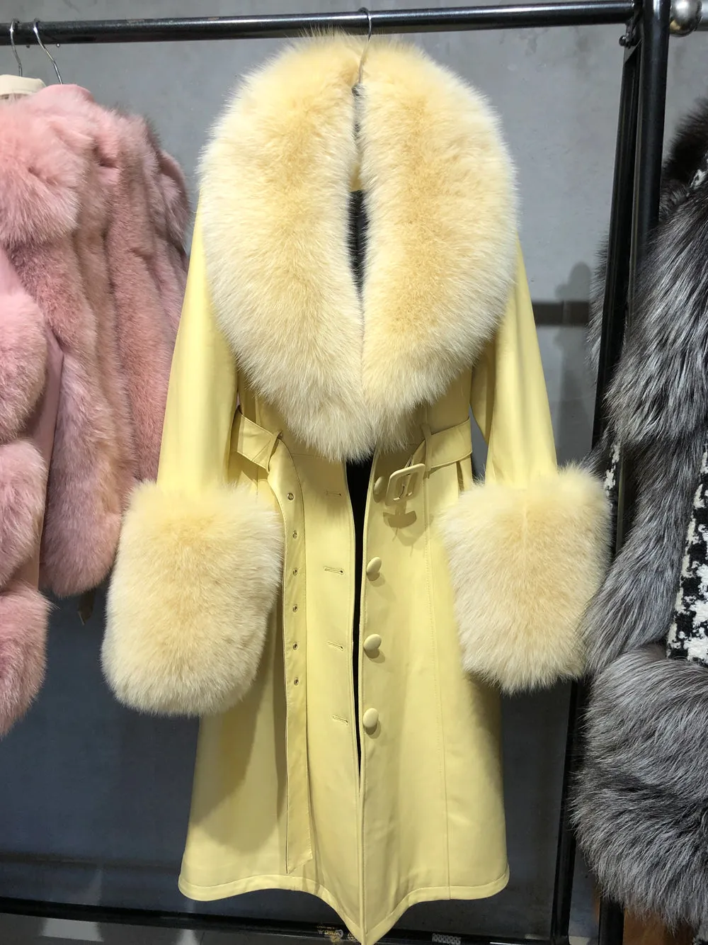 Faux Fur Genuine Leather Coat in Yellow