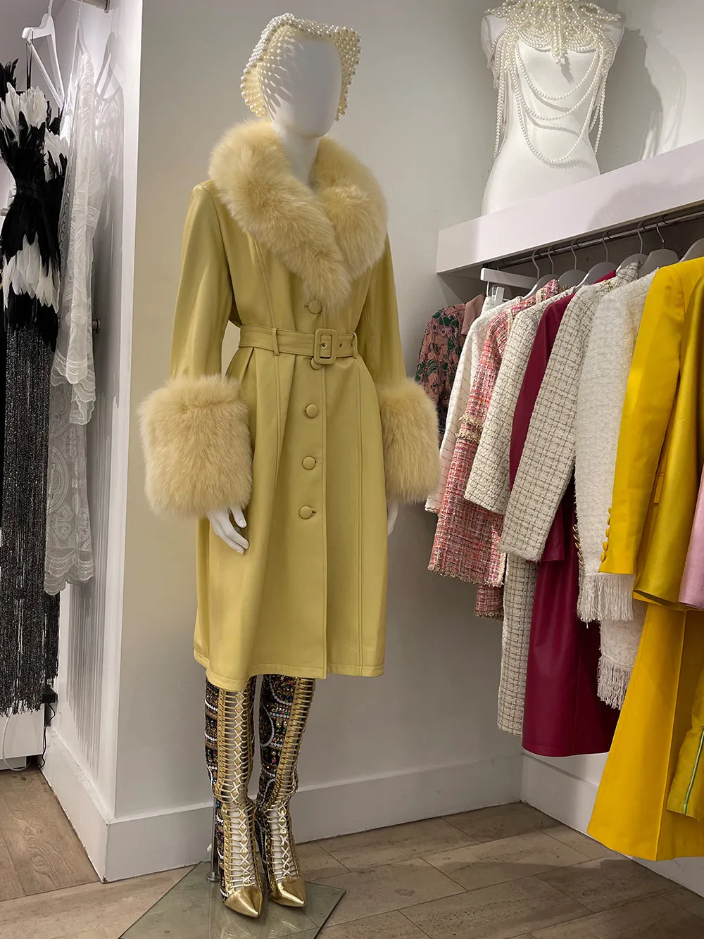 Faux Fur Genuine Leather Coat in Yellow