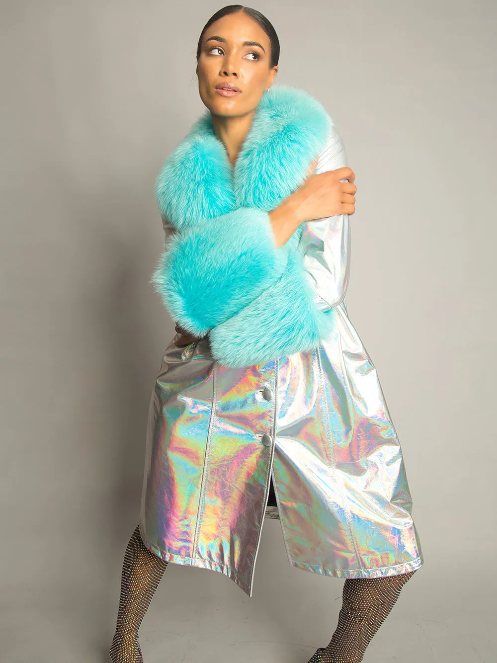 Foxy Leather Coat w/ Fox Fur In Silver-Turquoise