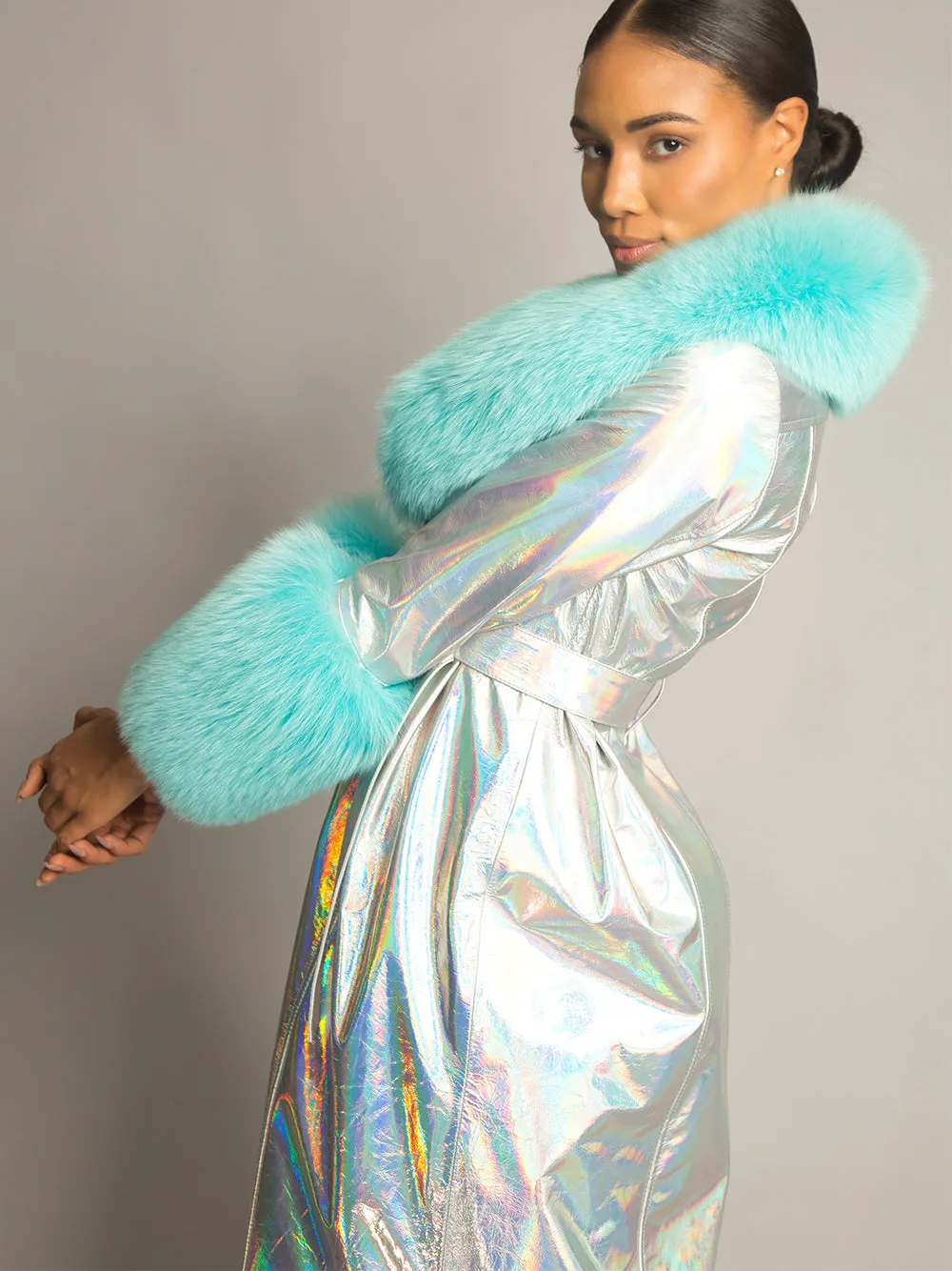 Foxy Leather Coat w/ Fox Fur In Silver-Turquoise