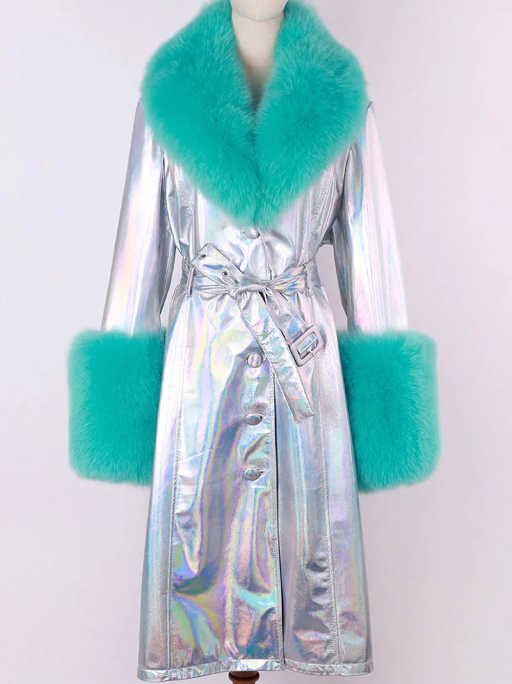 Foxy Leather Coat w/ Fox Fur In Silver-Turquoise