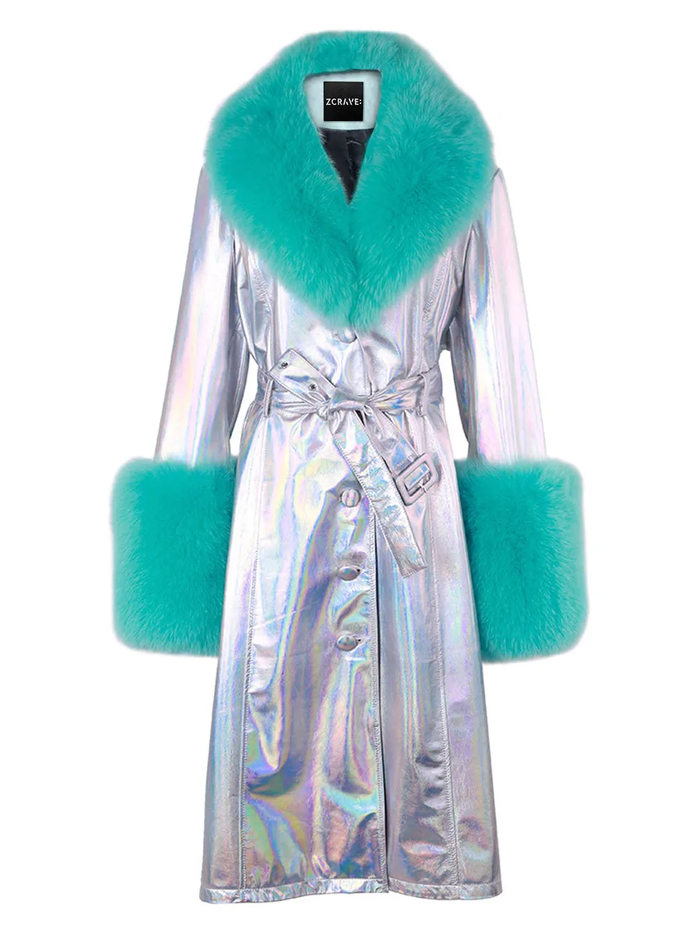 Foxy Leather Coat w/ Fox Fur In Silver-Turquoise