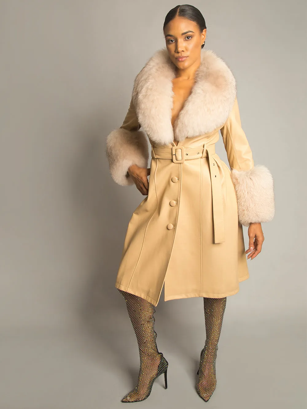 Foxy Leather Coat w/ Fox Fur In Tan