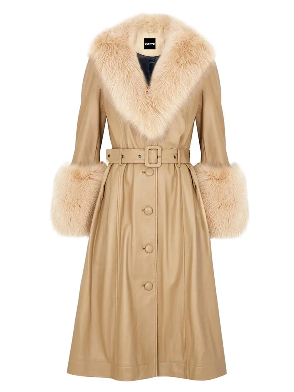 Foxy Leather Coat w/ Fox Fur In Tan