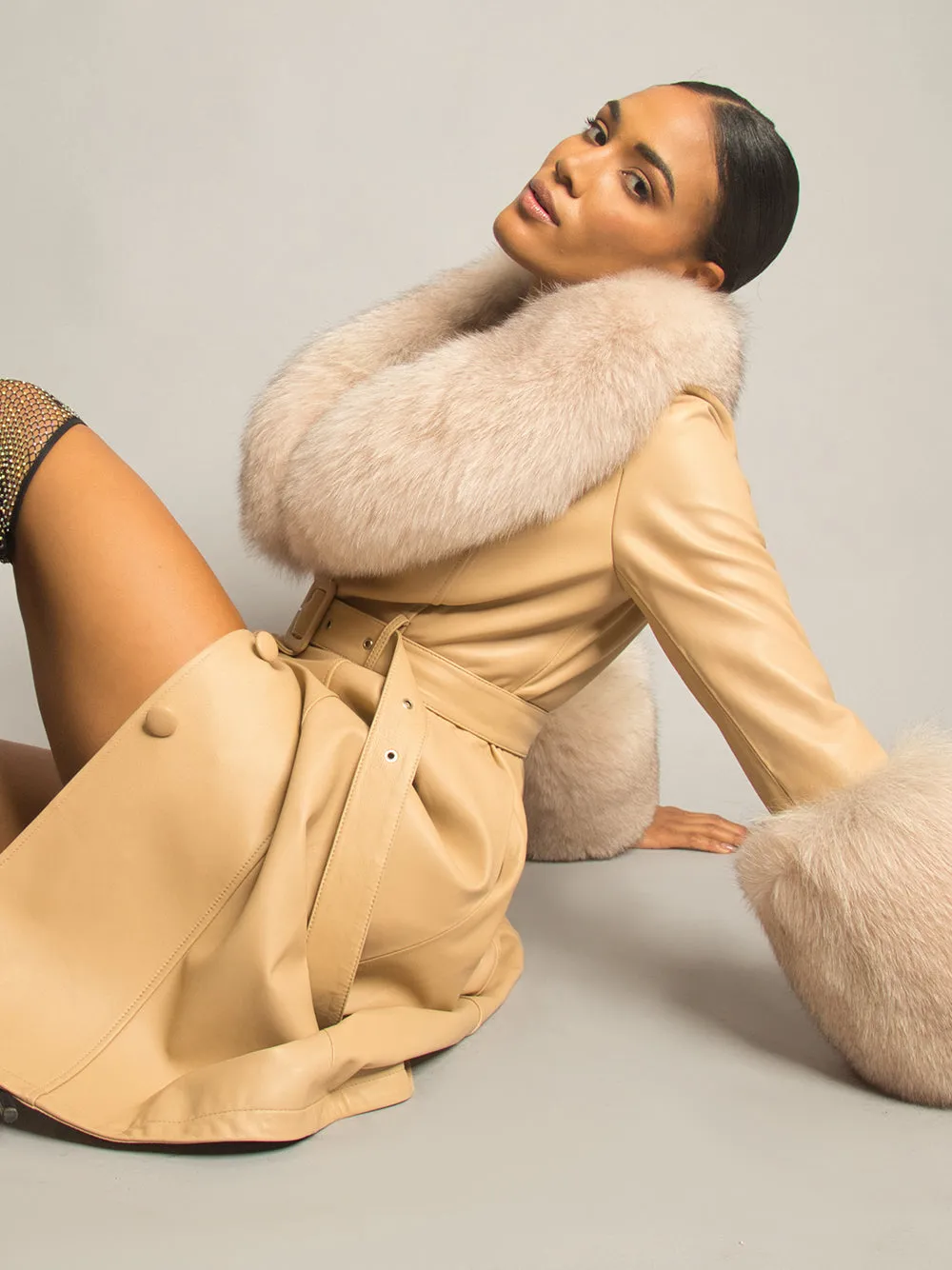 Foxy Leather Coat w/ Fox Fur In Tan