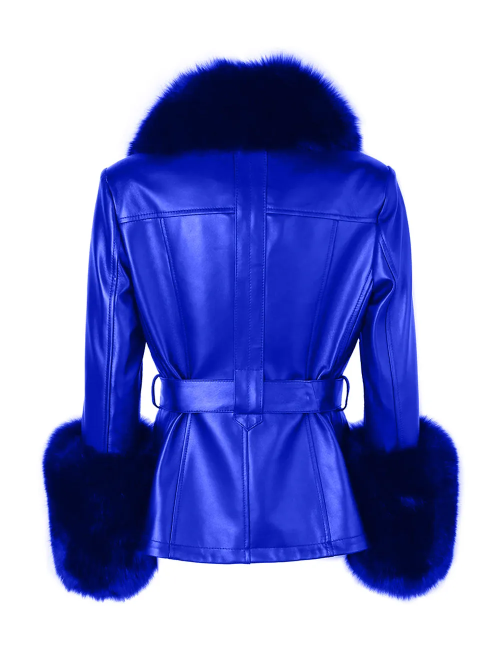 Fur Foxy Leather Short Coat in Blue