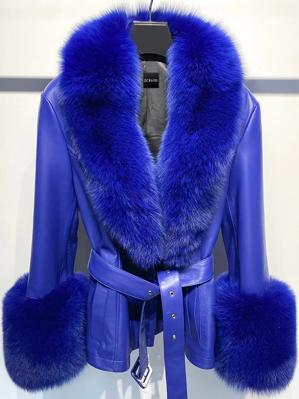 Fur Foxy Leather Short Coat in Blue