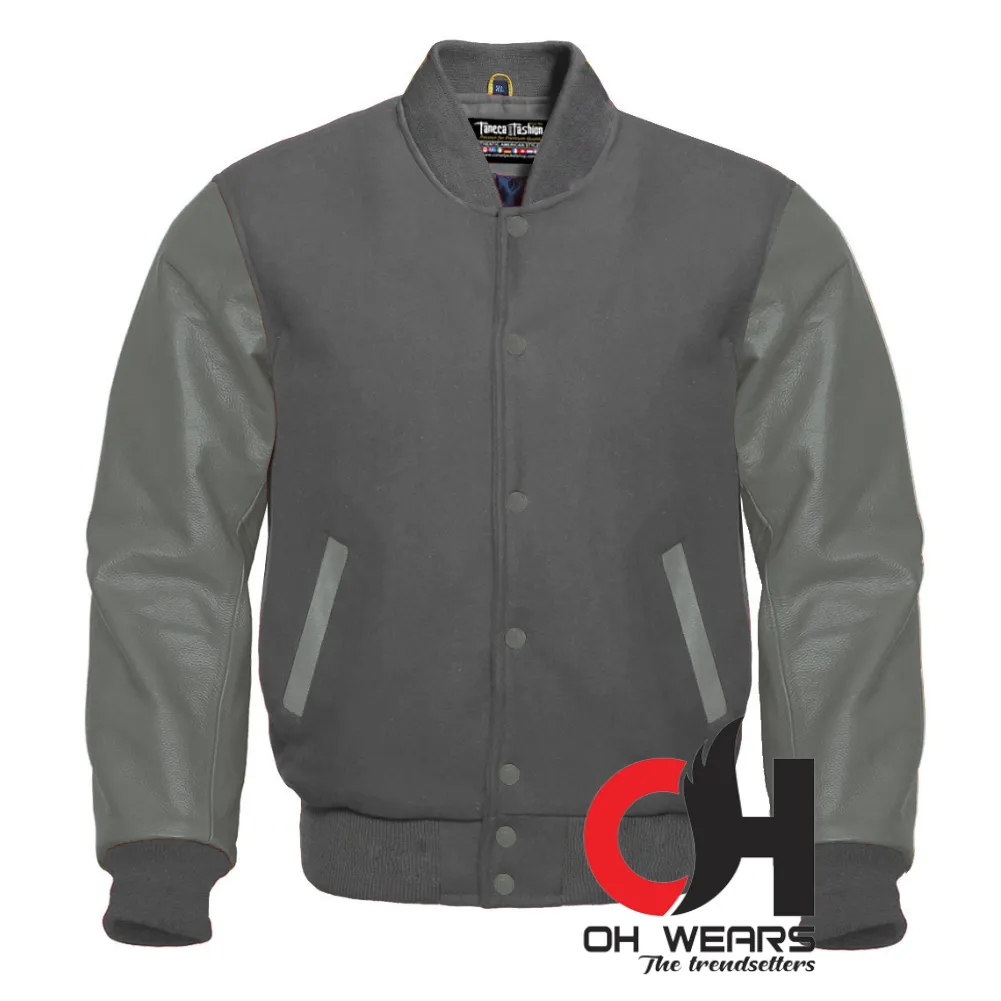 Gray Wool and Genuine Grey Leather Sleeves Varsity Jacket