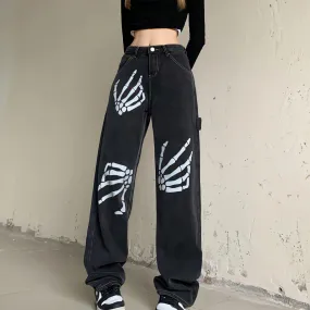 Grunge Skeleton Hand Printed Jeans