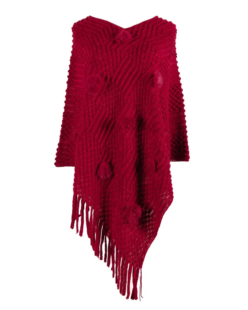 Haute Edition Women's Solid Fringed Sweater Poncho with Pom Poms. One size fits all (S-XL).