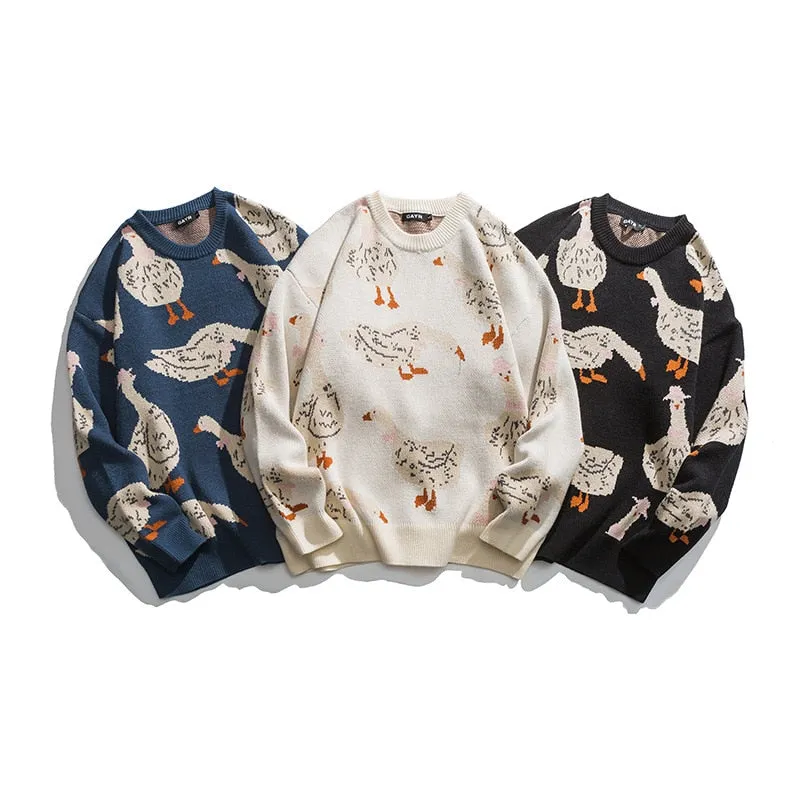 Japanese-style Knit Sweater Duck Goose Print