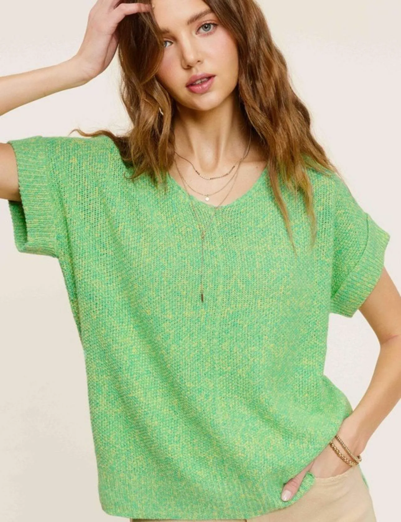 La Meil Soft Lightweight V-Neck Short Sleeve Sweater Top Melon