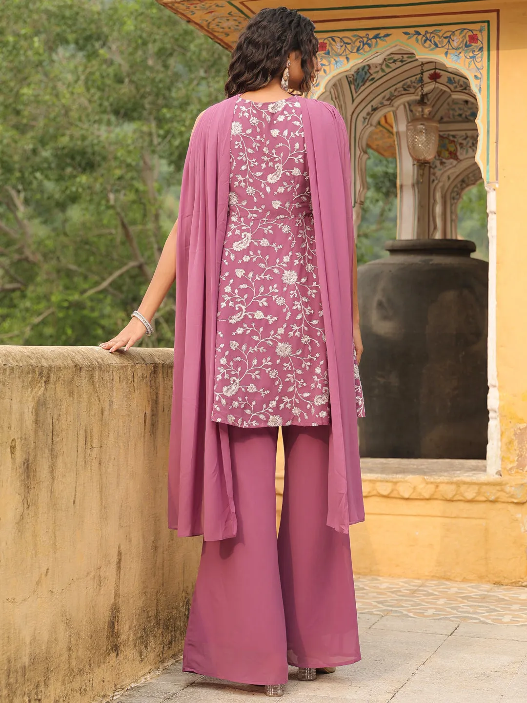 Lavender Georgette Embroidered A-Line Kurta Set