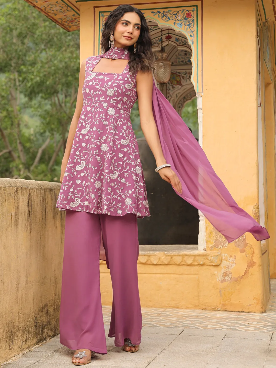 Lavender Georgette Embroidered A-Line Kurta Set