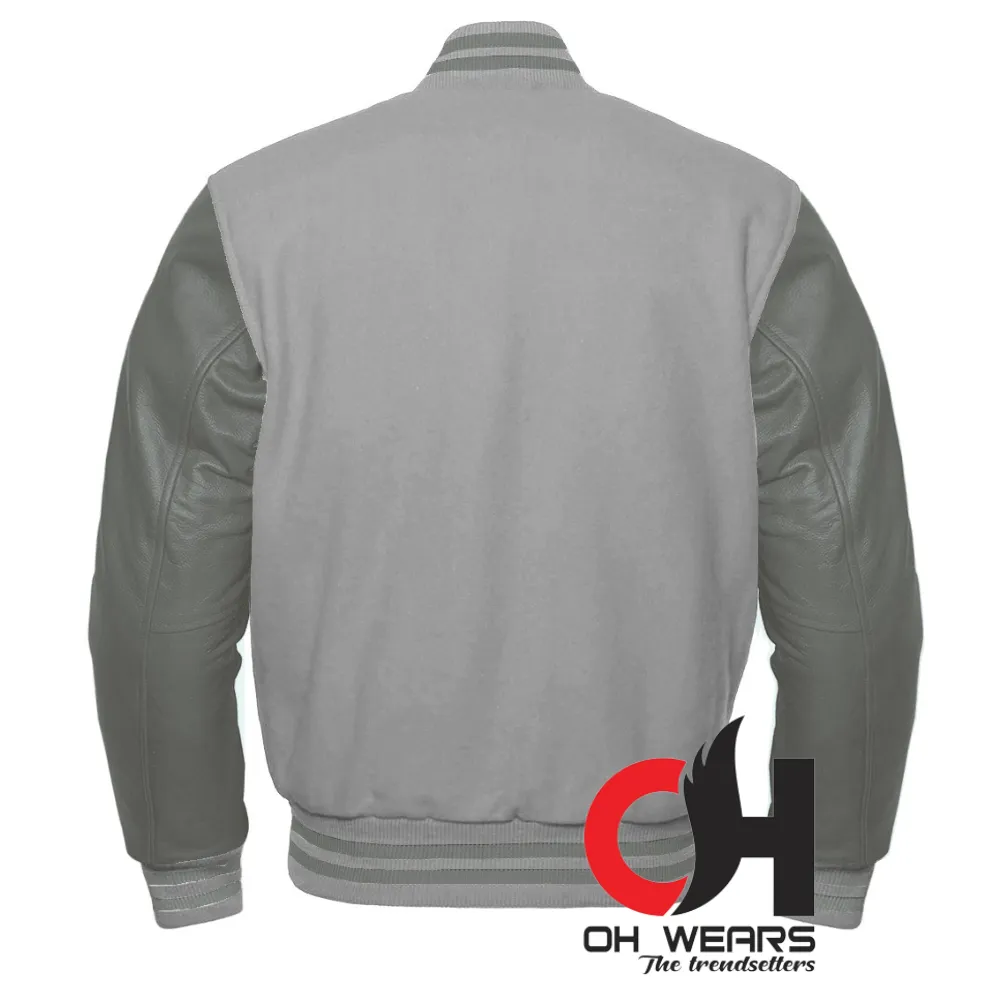 Light Gray  Wool and Genuine Grey Leather Sleeves Varsity Jacket