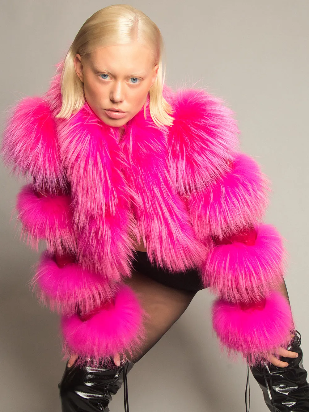 LITALY Fur Trim Leather Jacket in Fuchsia