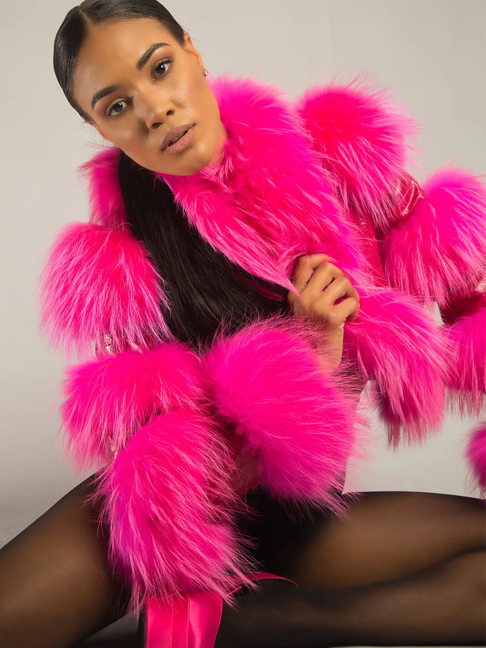 LITALY Fur Trim Leather Jacket in Fuchsia