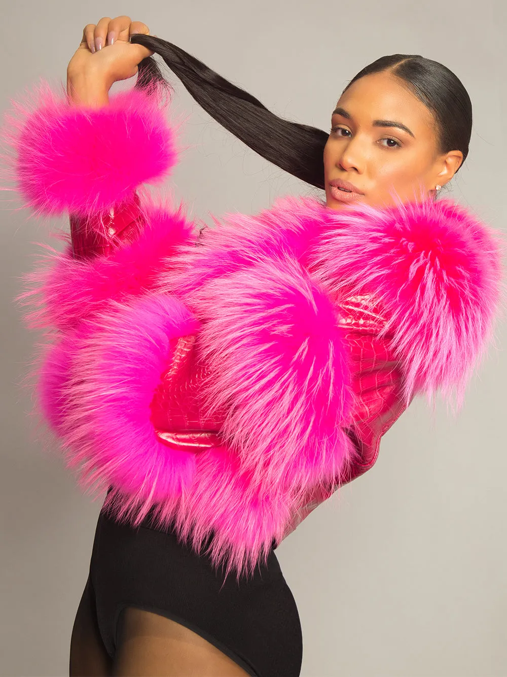 LITALY Fur Trim Leather Jacket in Fuchsia