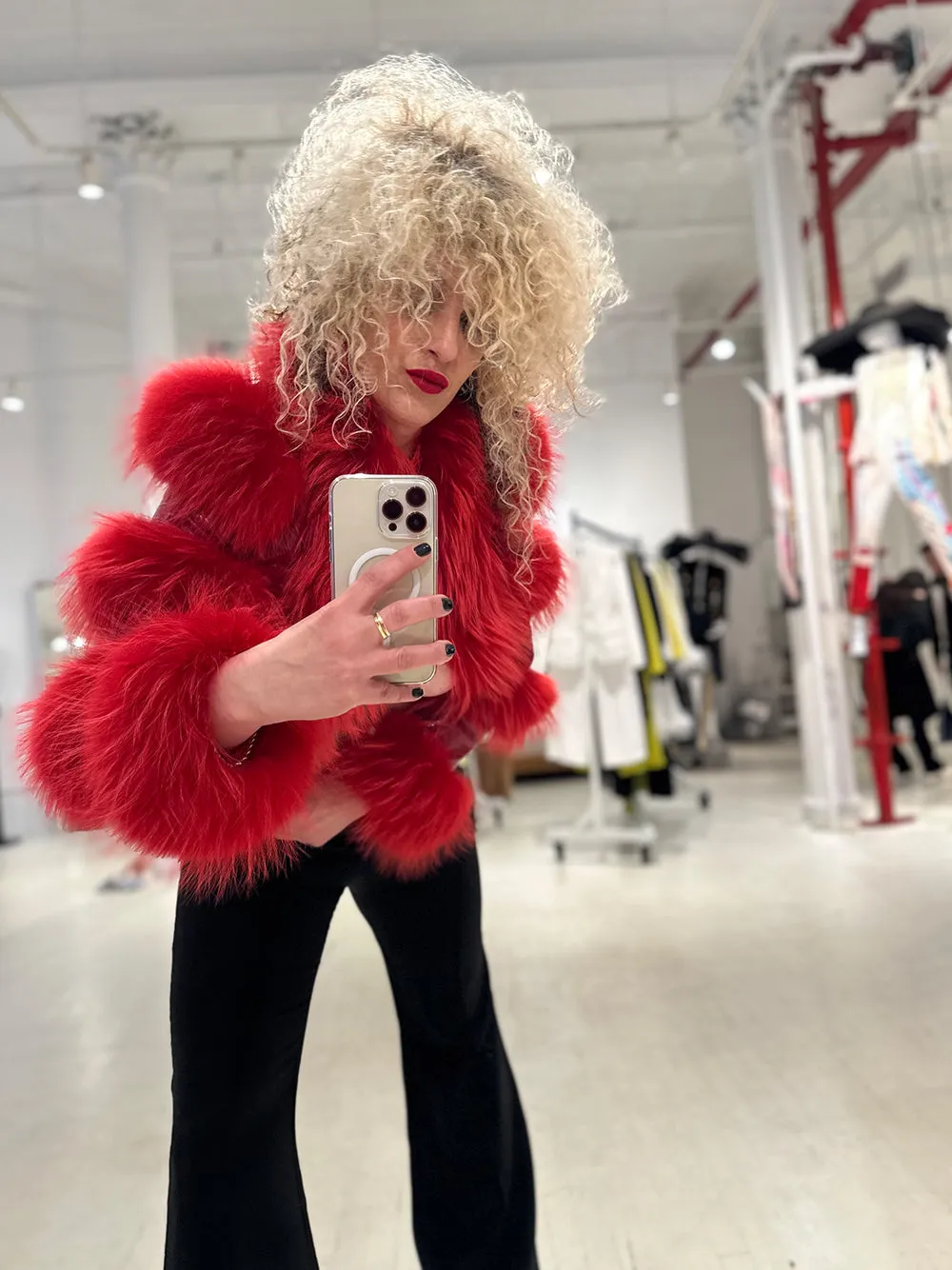 LITALY Fur Trim Leather Jacket in Red