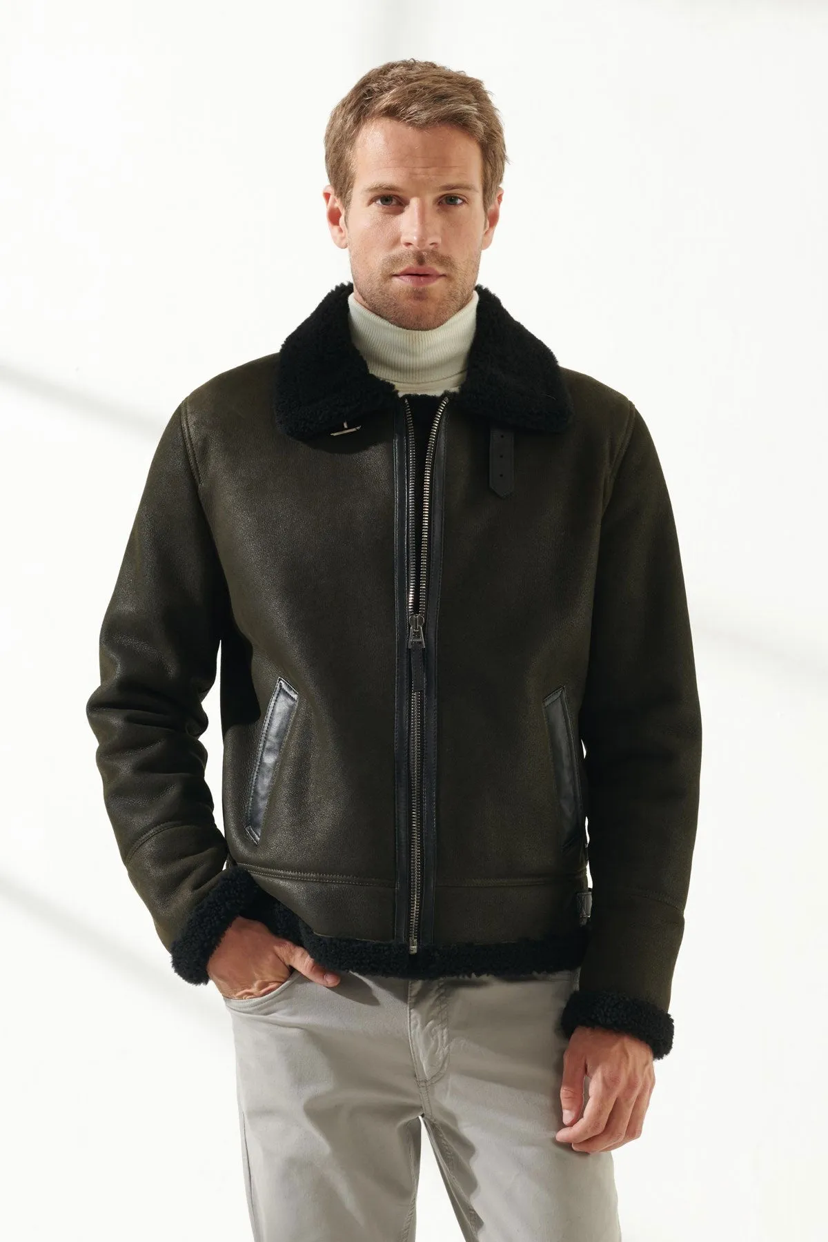 Men Aviator Dark Green Shearling Jacket