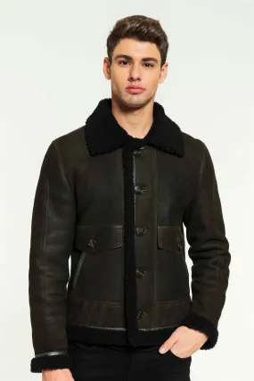 Men Aviator Dark Green&Black Shearling Jacket