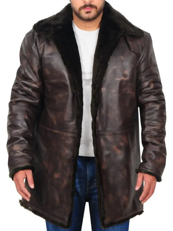 Men Distressed Brown Fur Collar Jacket