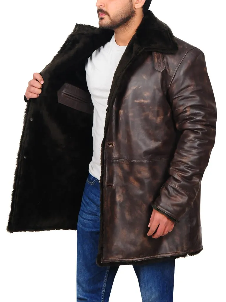 Men Distressed Brown Fur Collar Jacket