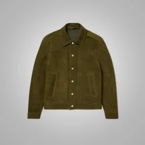 Men Olive Green Lambskin Leather Trucker Jacket