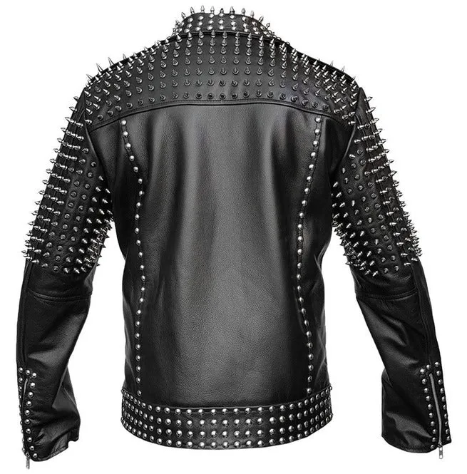 Men Real Leather Jacket Spike Studded Punk Style Jacket