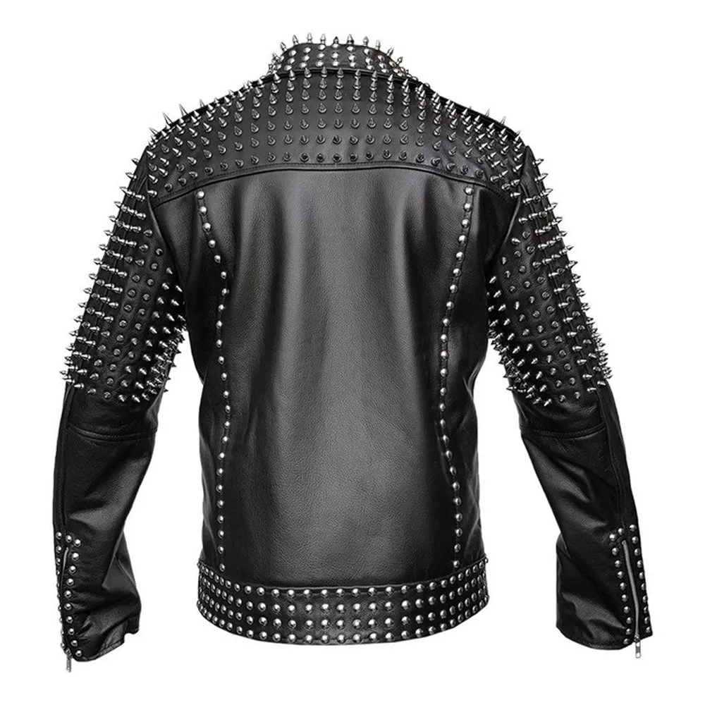 Men Real Leather Jacket Spike Studded Punk Style Jacket