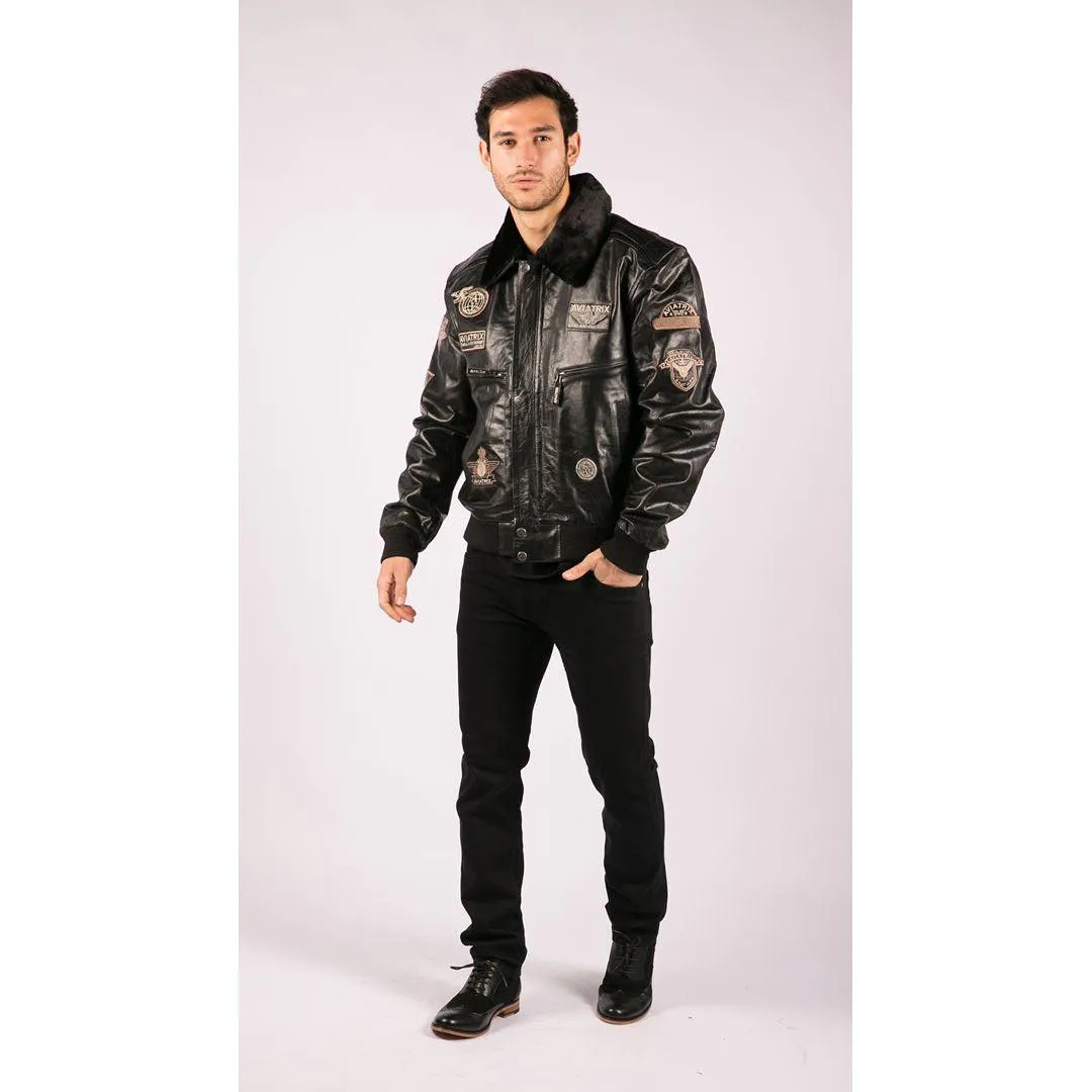 Mens Black Real Leather Bomber Aviator Badge Design Pilot Jacket Removable Fur Collar