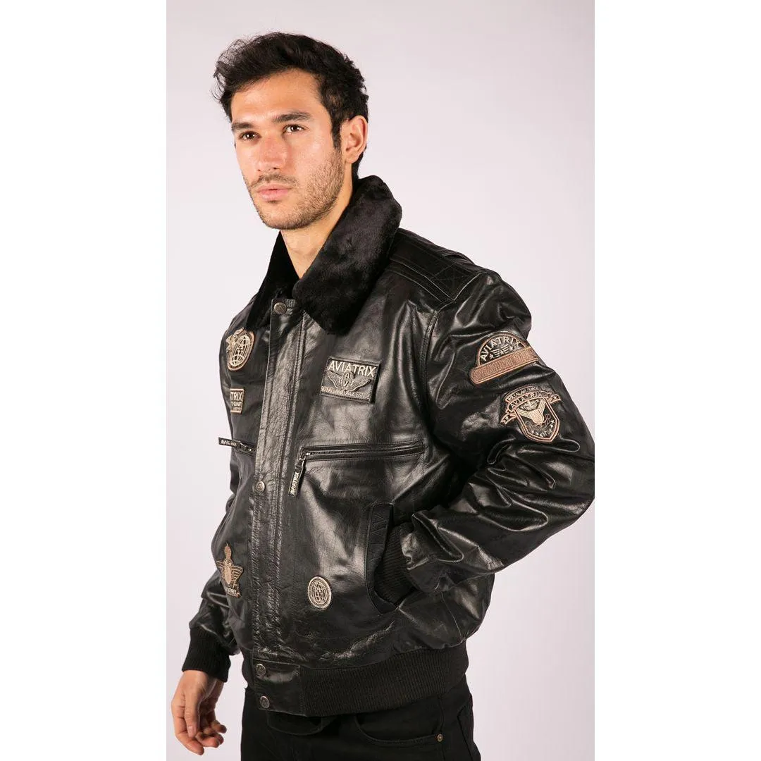 Mens Black Real Leather Bomber Aviator Badge Design Pilot Jacket Removable Fur Collar