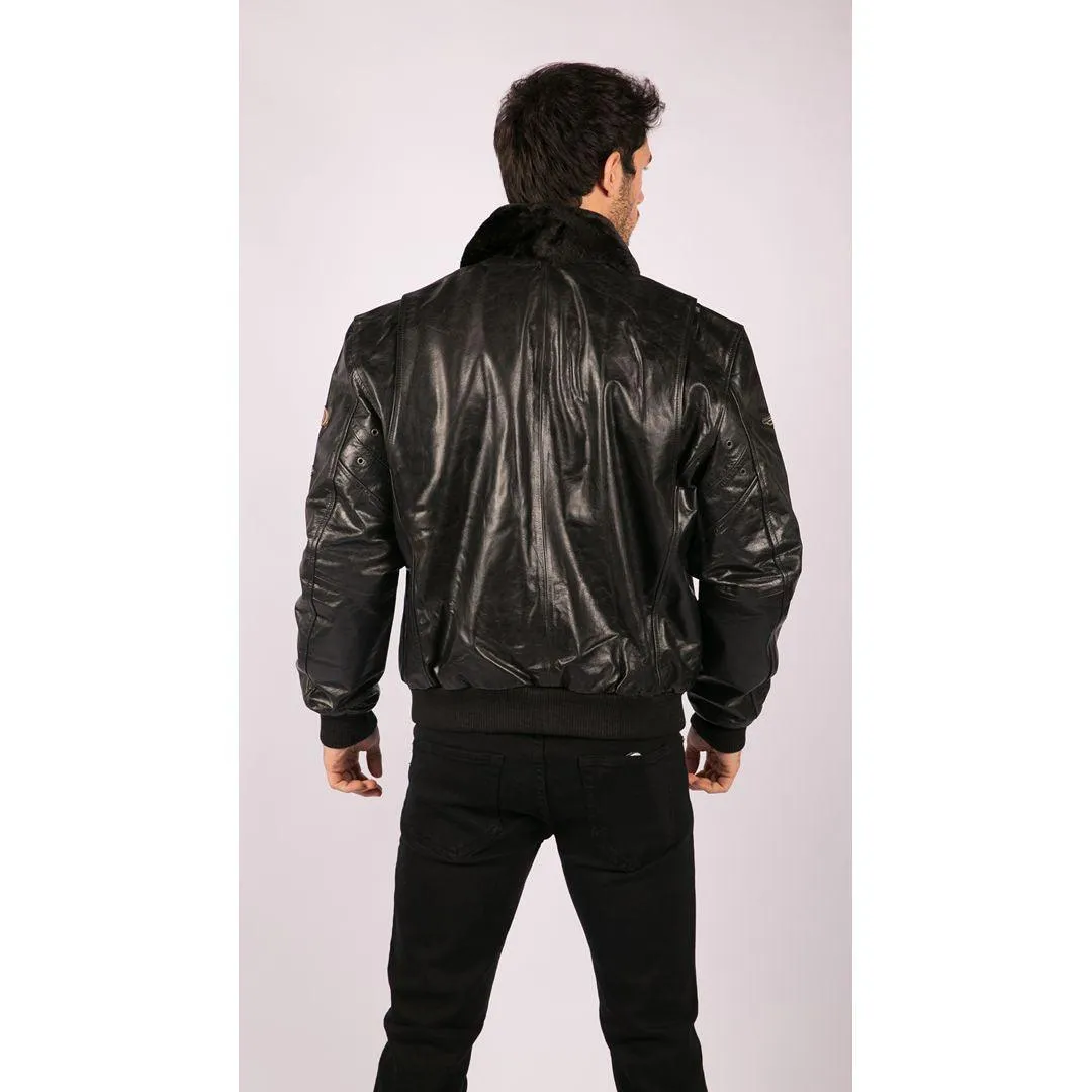 Mens Black Real Leather Bomber Aviator Badge Design Pilot Jacket Removable Fur Collar