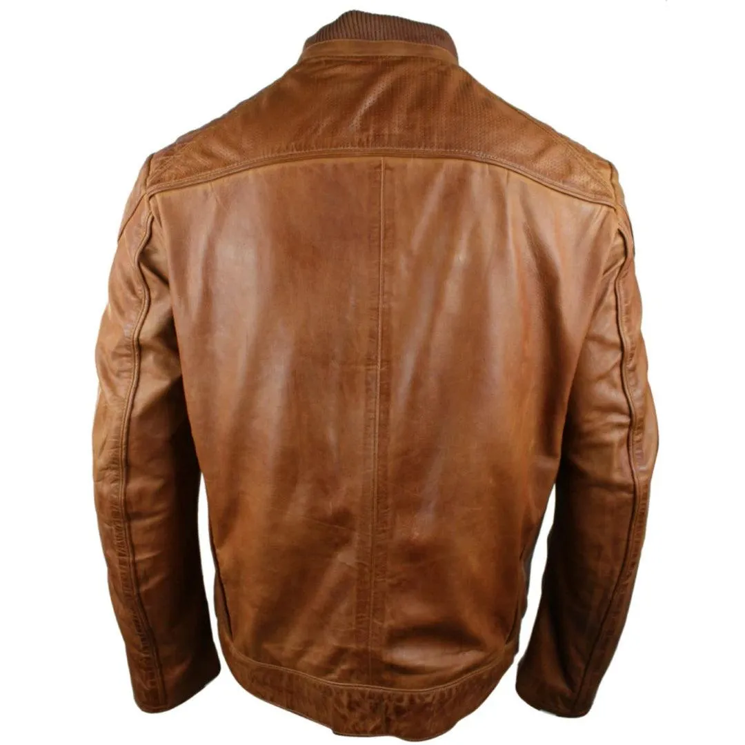 Mens Designer Tan Brown Biker Style Jacket Vintage Perforated Design Zip