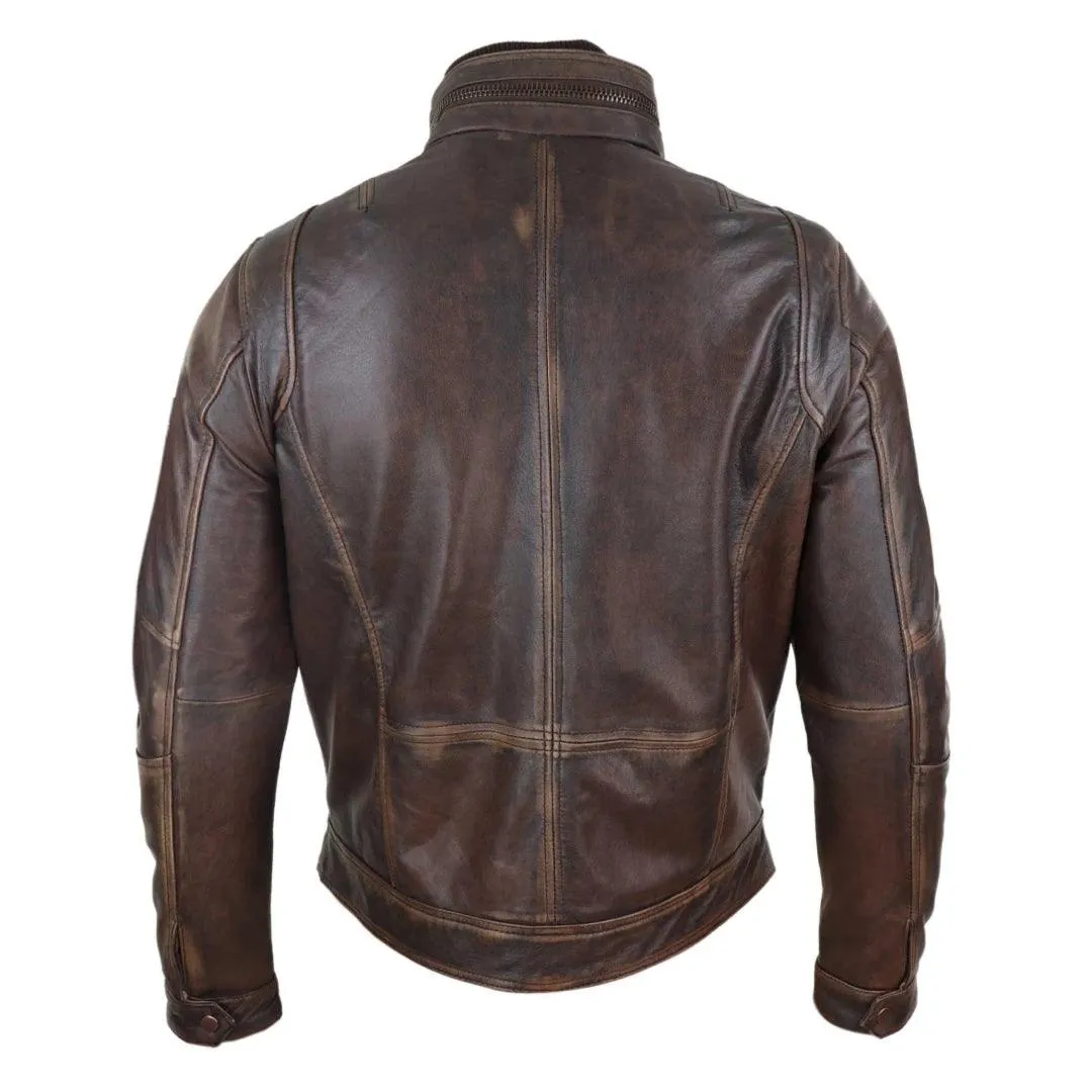 Mens Distressed Genuine Leather Biker Jacket Vintage Brown