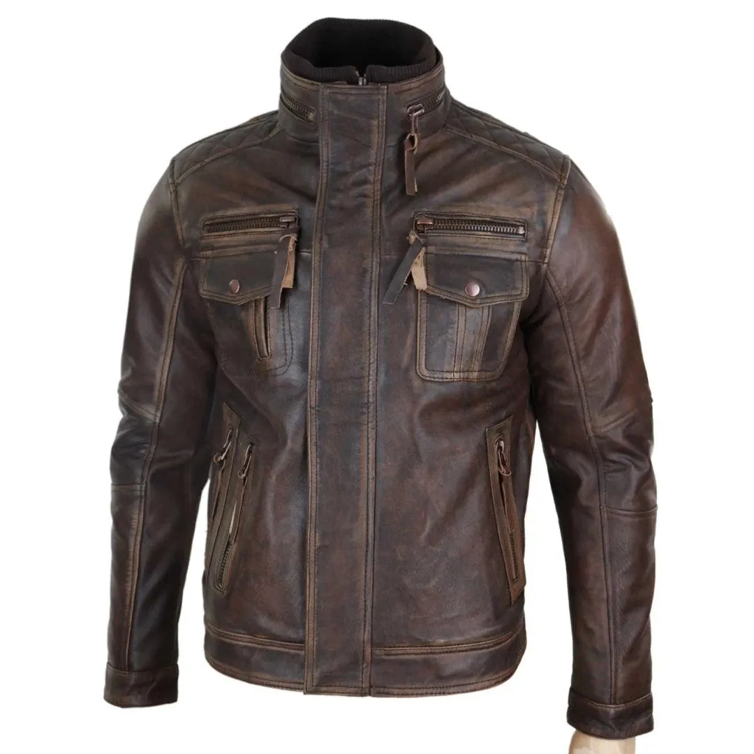 Mens Distressed Genuine Leather Biker Jacket Vintage Brown