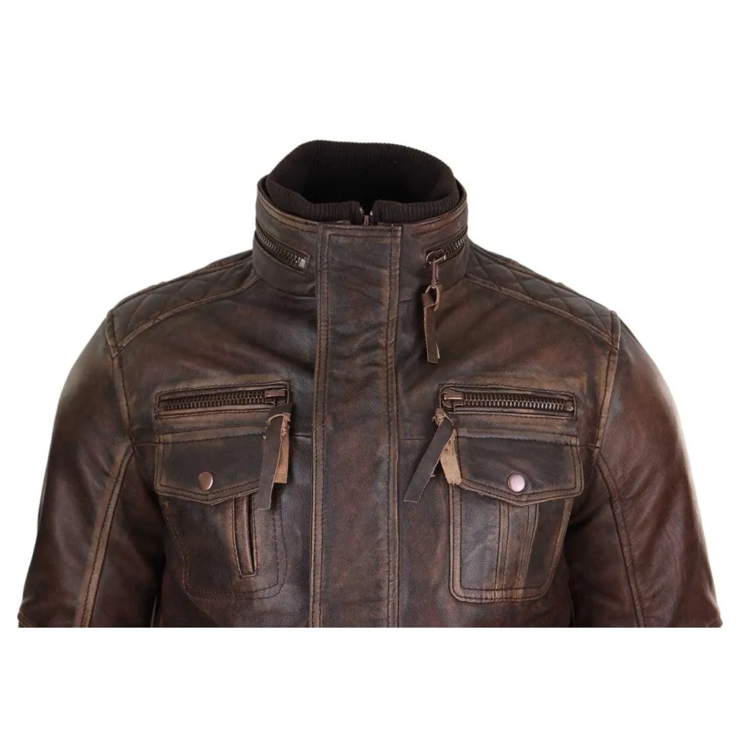 Mens Distressed Genuine Leather Biker Jacket Vintage Brown