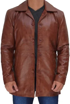 Mens Leather Trench Coat Brown