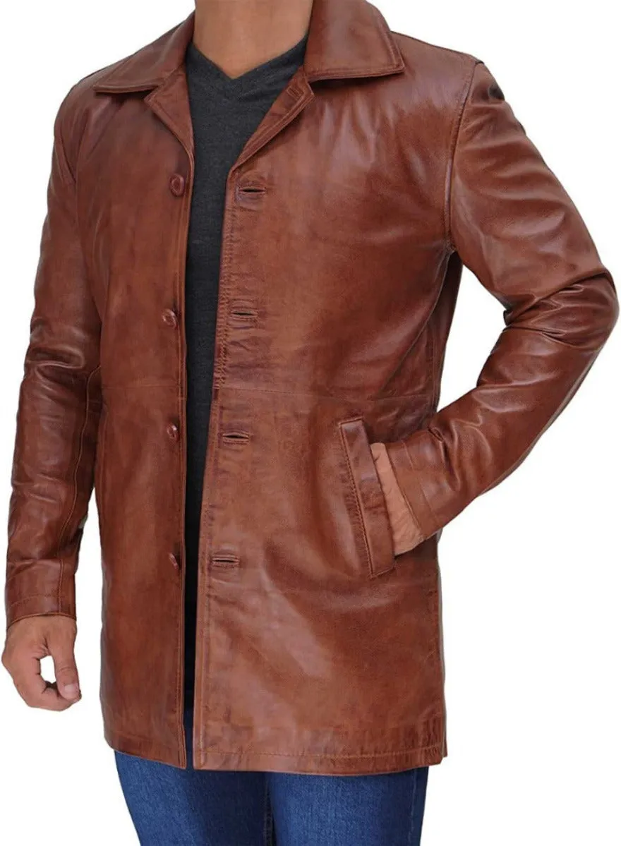 Mens Leather Trench Coat Brown