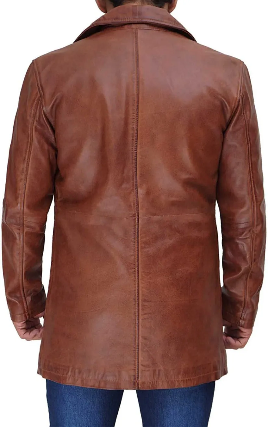 Mens Leather Trench Coat Brown