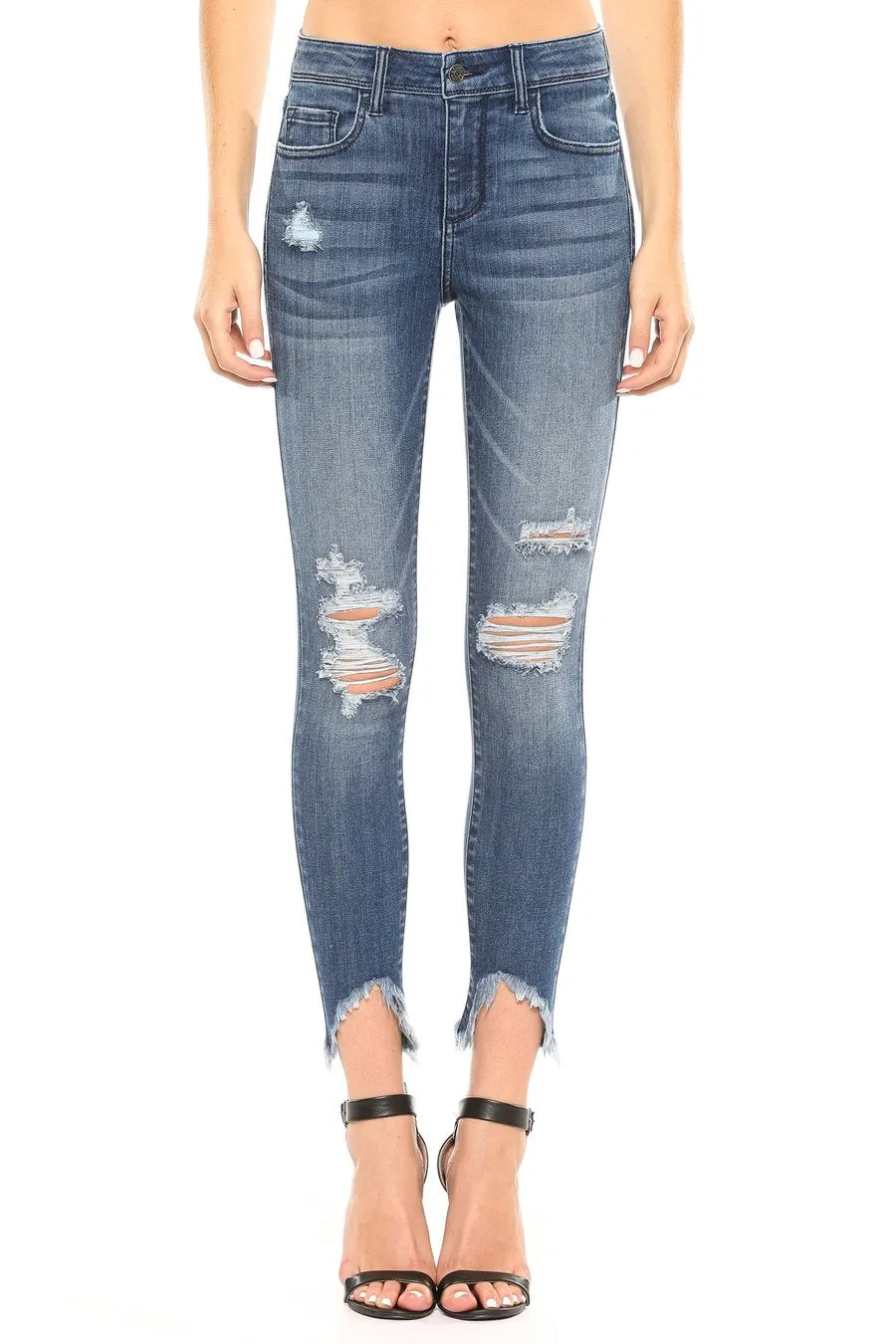 Mid Rise Destroy Fringe Hem Crop Skinny Jeans