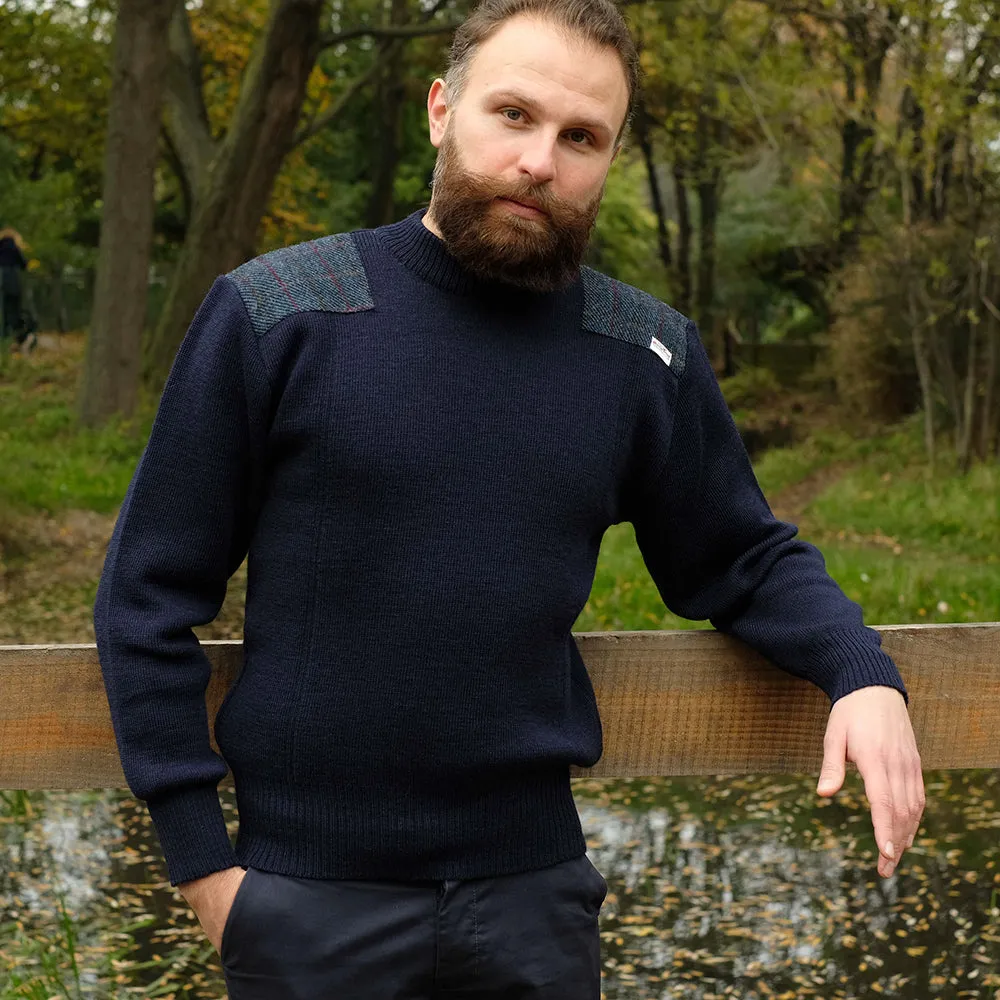 Military style jumper with Harris Tweed shoulder patches in navy